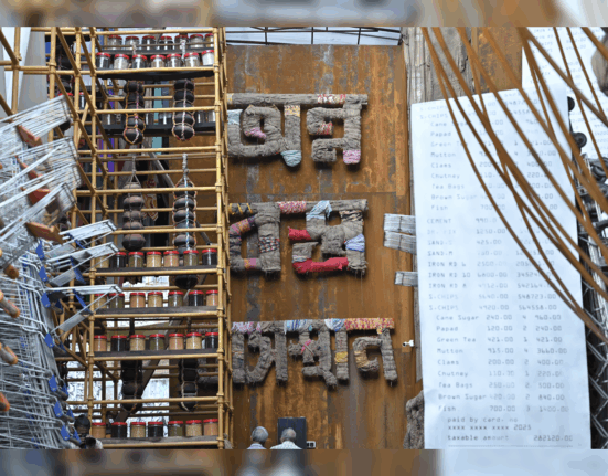 BASIC NECESSITIES: Food, clothing and shelter, the Puja theme, was striking in lettering and presentation